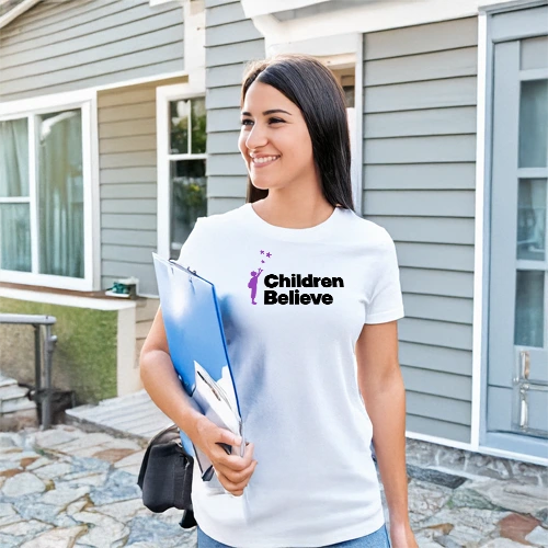 a young woman in a white tshirt with a clip board